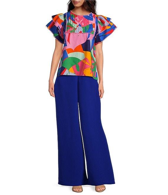 Sugarlips Tropical Abstract Floral Print Pin Tuck Lace Trim Top Product Image