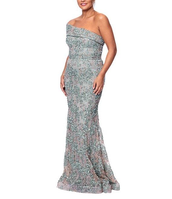Xscape Soutache Lace Floral Print One-Shoulder Neck Sleeveless Sheath Gown Product Image