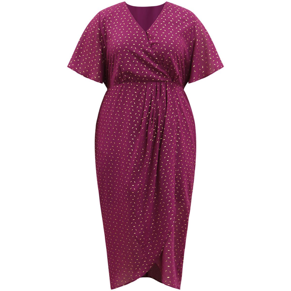 Plus Size Glitter Geo Graphic Pocket Wrap Hem Dress RedViolet Women Party Wrap V-neck Short sleeve Curvy Midi Dress BloomChic 12/L Product Image