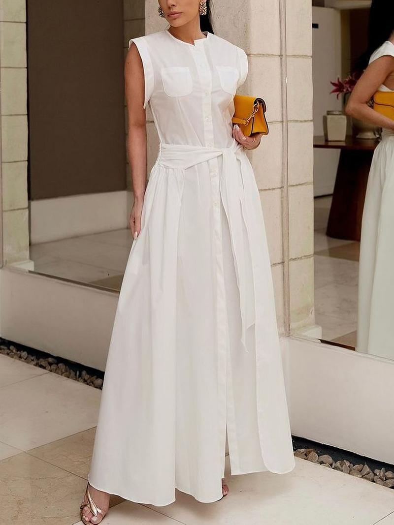 Cap Sleeve Loose Buttoned Solid Color Split-Side Tied Waist Maxi Dresses Shirt Dress Product Image