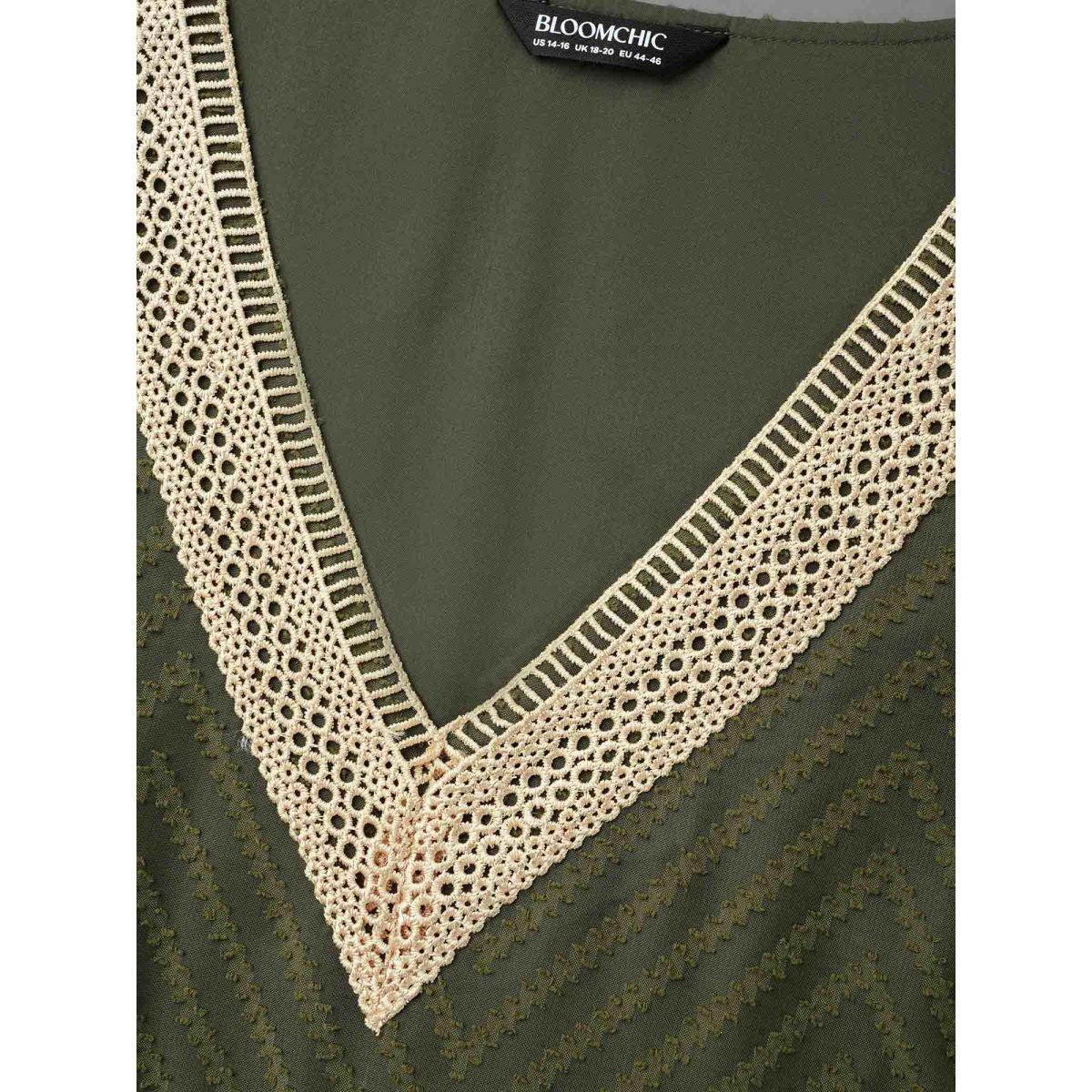 Plus Size Lace V-Neck Chiffon Waist-Cinched Midi Dress ArmyGreen Women Resort Woven ribbon&lace trim V-neck Half Sleeve Curvy BloomChic 10/M Product Image