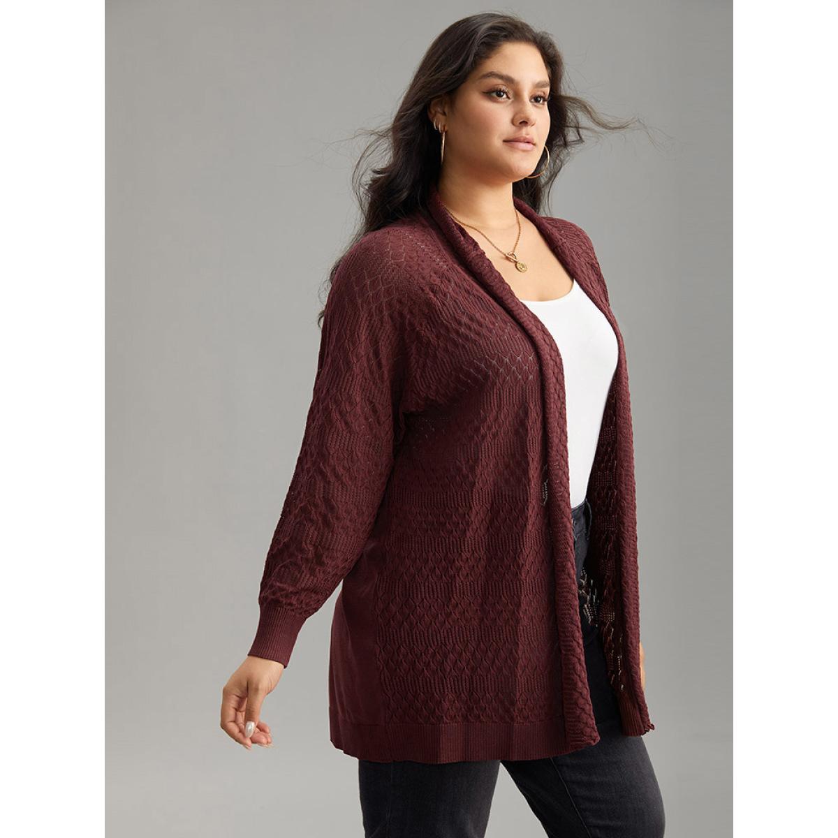 Plus Size Solid Geometric Hollow Out Cardigan Russet Women Casual Loose Long Sleeve Dailywear Cardigans BloomChic 22-24/3X Product Image