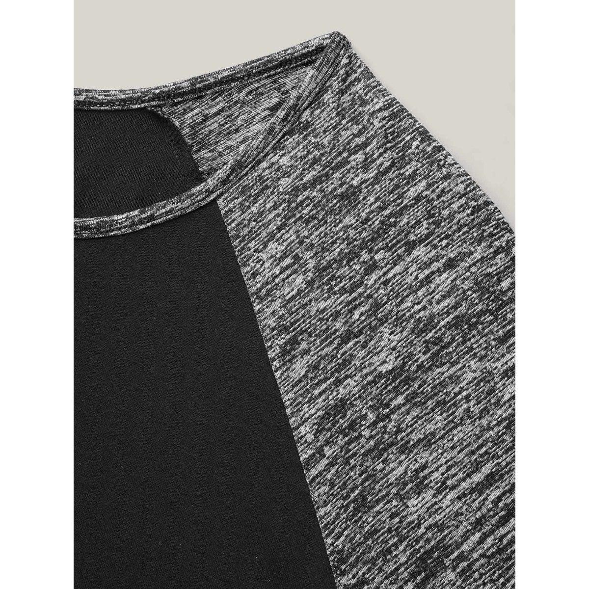 Plus Size Heather Patchwork Button Detail Stretchy T-Shirt Black Women Casual Contrast Flat collar with V-notch Everyday T-shirts BloomChic 22-24/3X Product Image