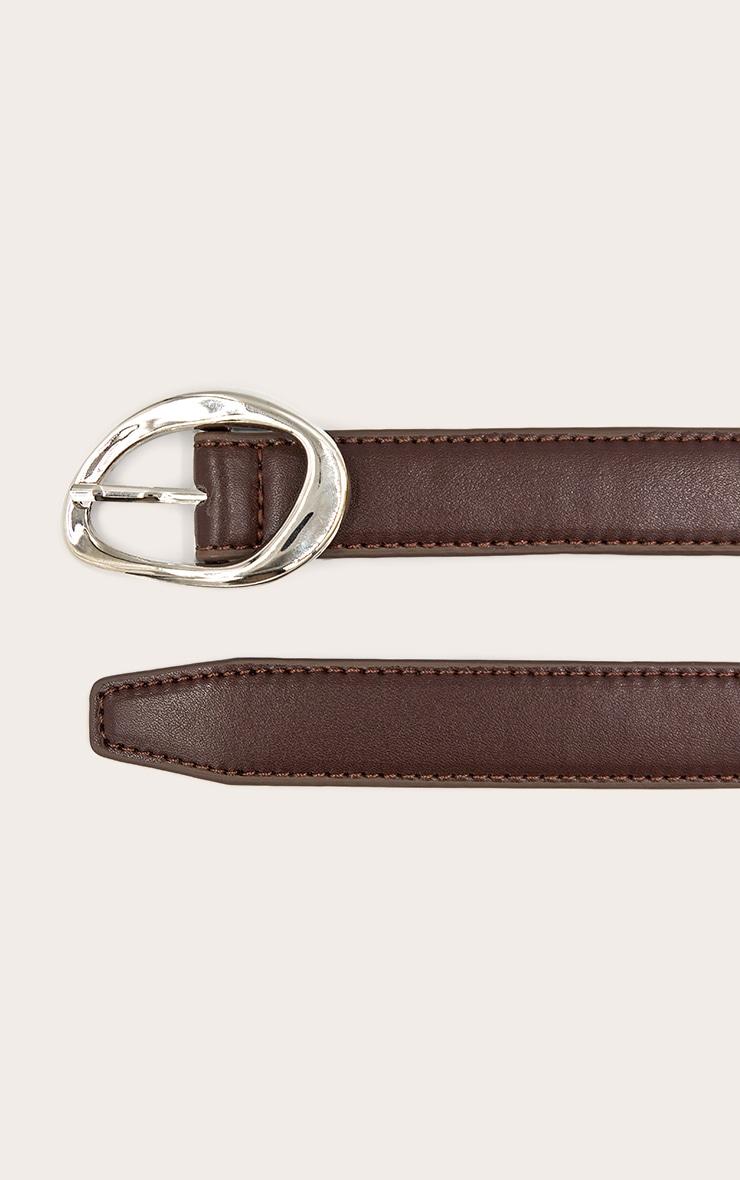 Chocolate Smooth Faux Leather Skinny Belt with Abstract Buckle Detail Product Image