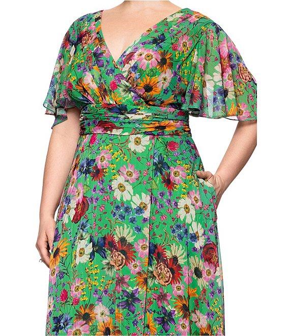 Betsy & Adam Plus Size V-Neck Short Flutter Sleeve Floral Chiffon Dress Product Image