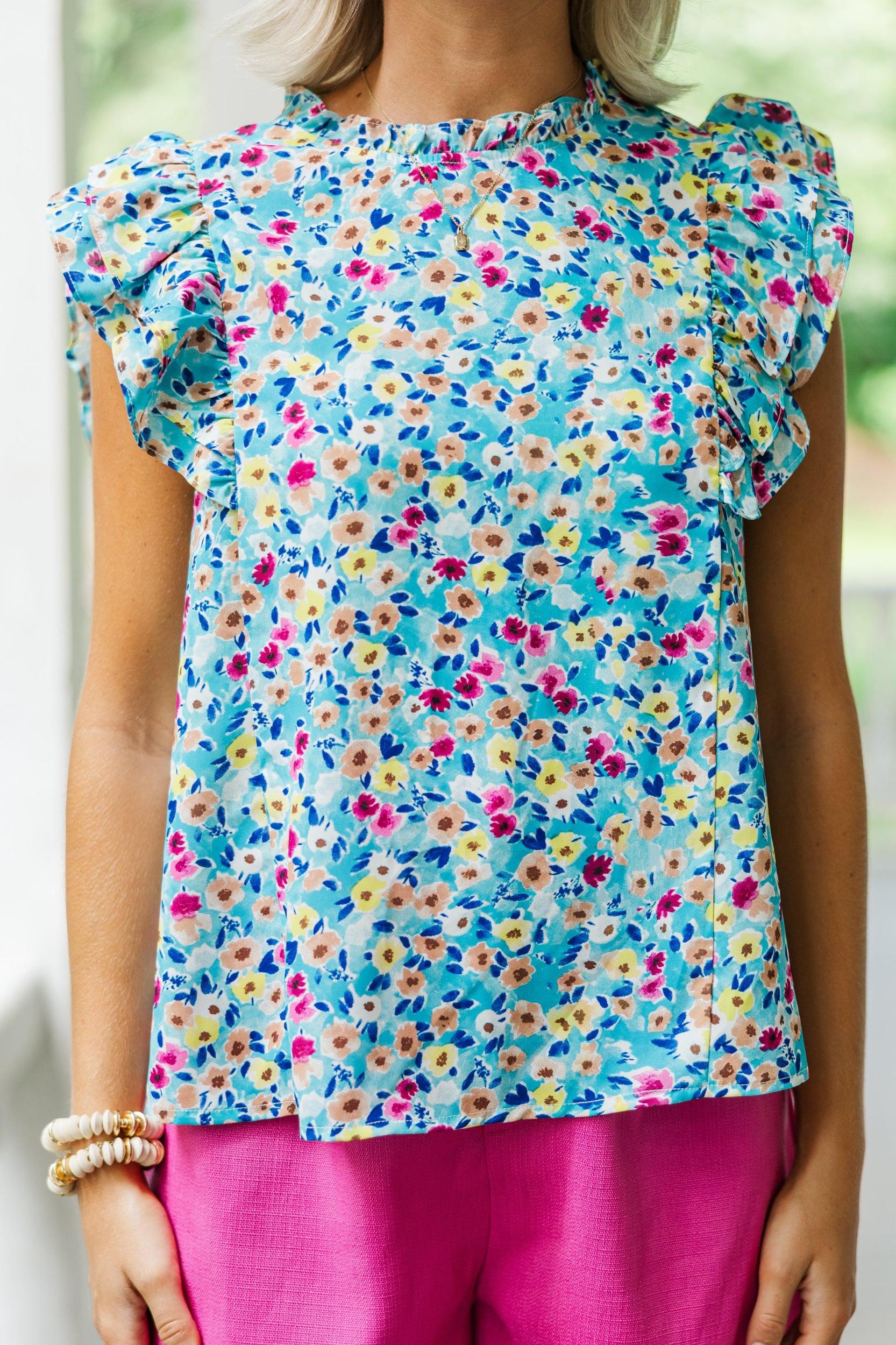 Better Believe It Aqua Blue Ditsy Floral Blouse Female Product Image
