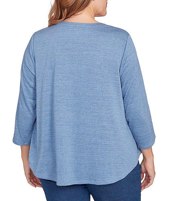 Ruby Rd. Plus Size Textured Knit Split V-Neck 3/4 Sleeve Top Product Image