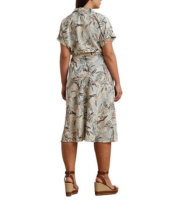Lauren Ralph Lauren Plus Size Crepe de Chine Abstract Print Camp Collar Short Sleeve Belted Shirt Dress Product Image