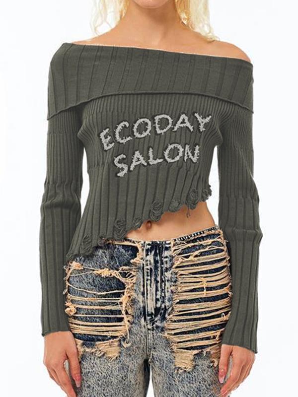 Off Shoulder Print Irregular Hem Sweater Product Image