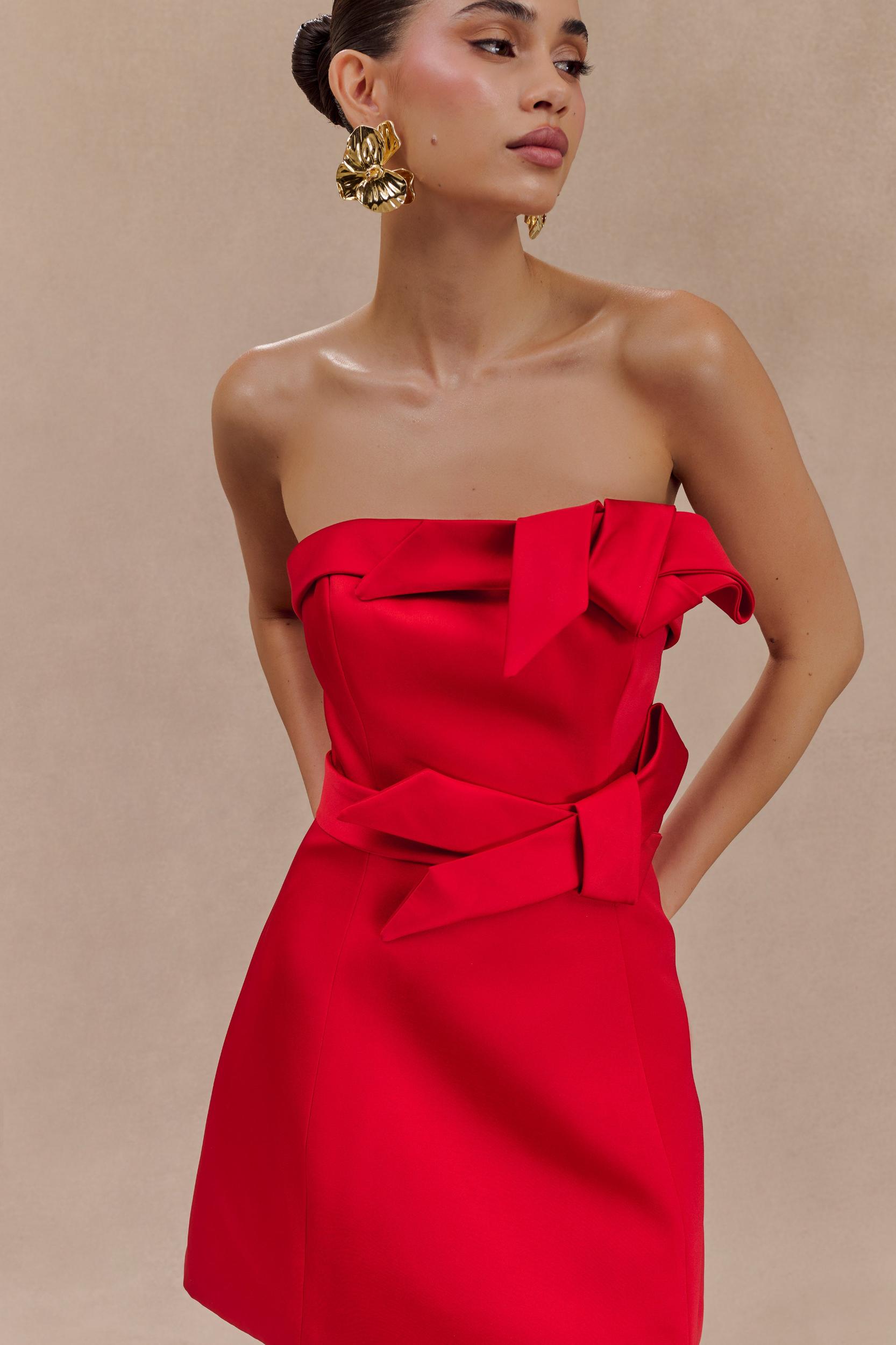 Tatiana Satin Strapless Bow Mini Dress - Red Product Image