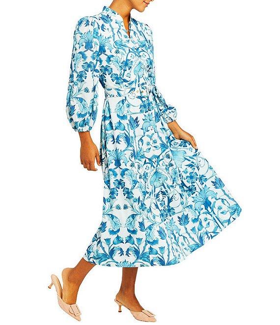 Mestiza New York Valencia Twill Split V-Neck Mandarin Collar 3/4 Balloon Sleeve Belted Midi A-Line Dress Product Image