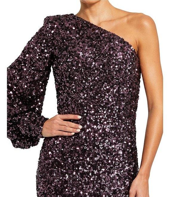 Mac Duggal Sequin Asymmetrical One Long Bishop Sleeve Sheath Gown Product Image