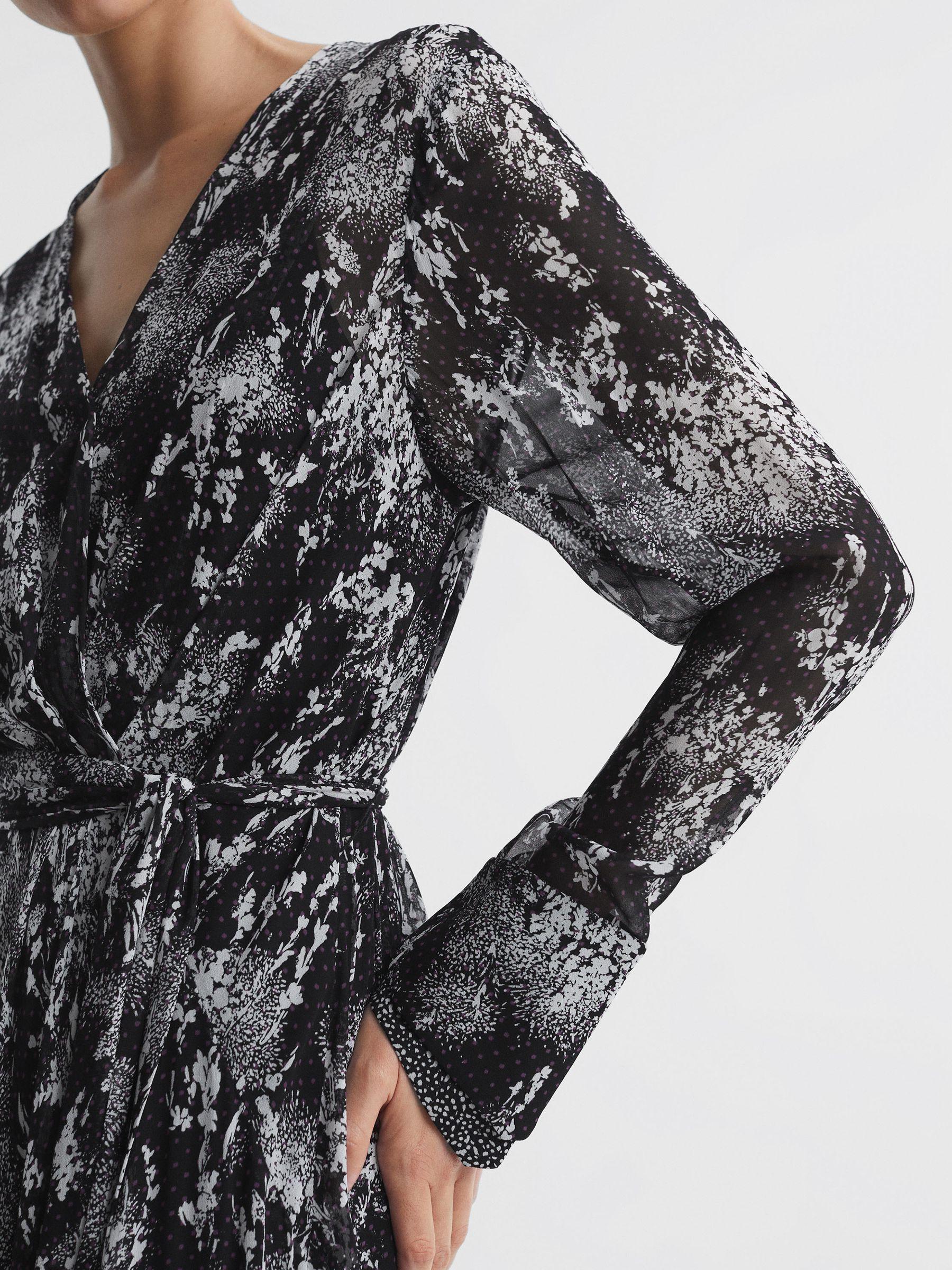 Belted Ruffle Printed Midi Dress in Black Product Image