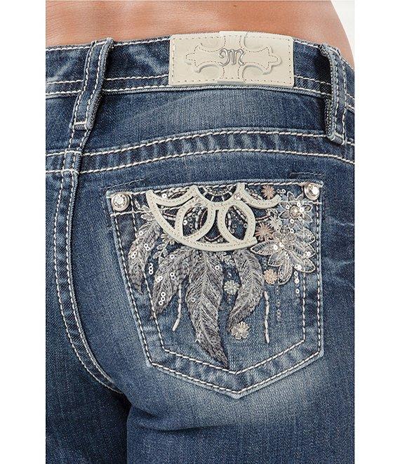 Miss Me Mid Rise Embellished Dreamcatcher Back Pocket Bootcut Jeans Product Image