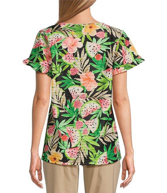 Allison Daley Tropical Fruit Print Short Ruffle Sleeve Crew Neck Knit Top Product Image