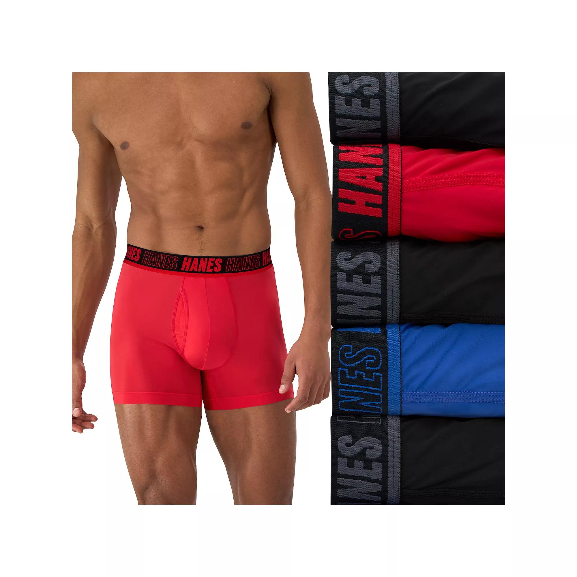 Hanes Moves Ultimate 4+1 Bonus Pack Men's Anti-Chafe Trunk Underwear Total Support Pouch X-Temp 4", Size: Medium, Black Red Blue Product Image