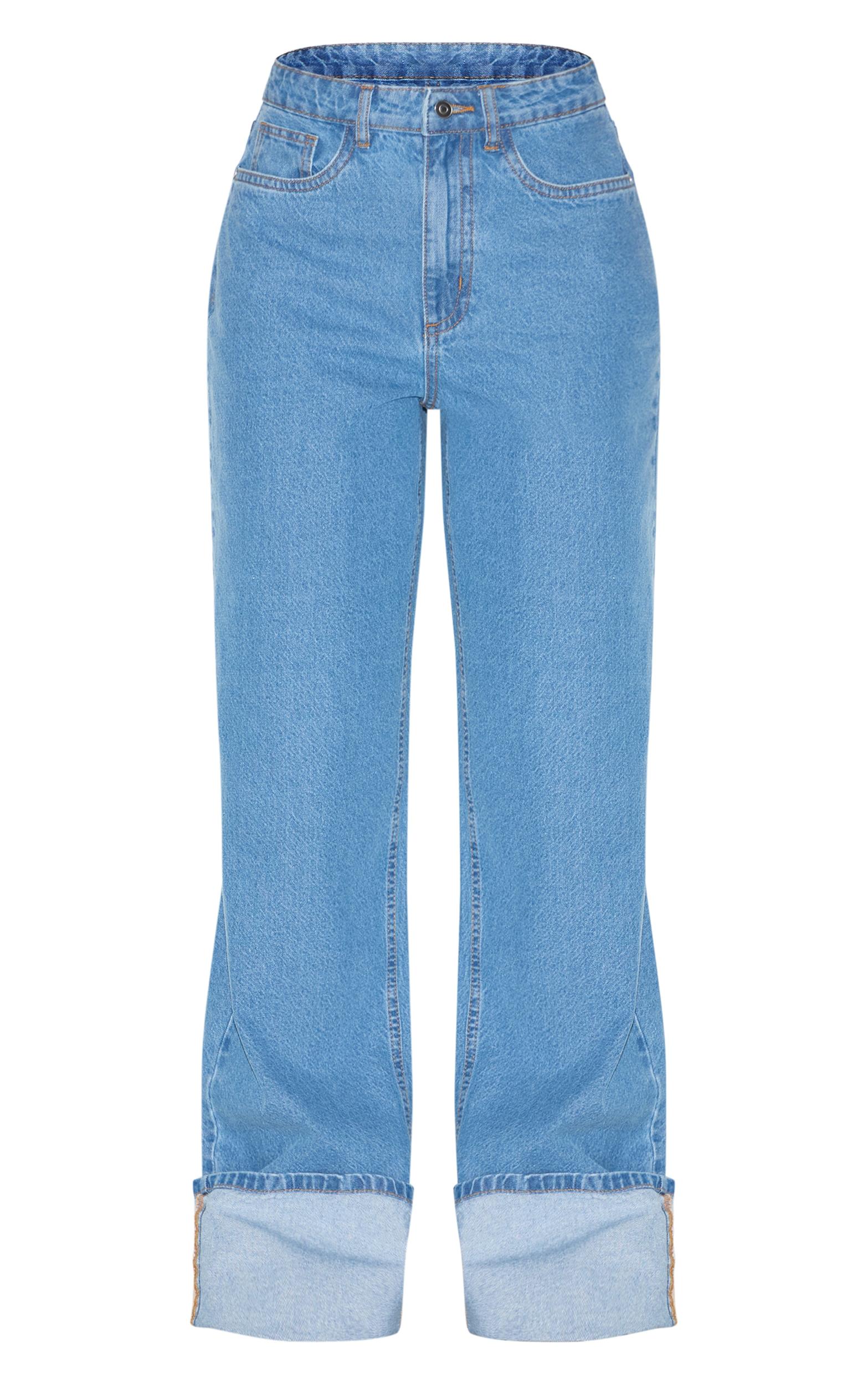 Mid Blue Wash High Waist Turn Up Leg Jeans Product Image