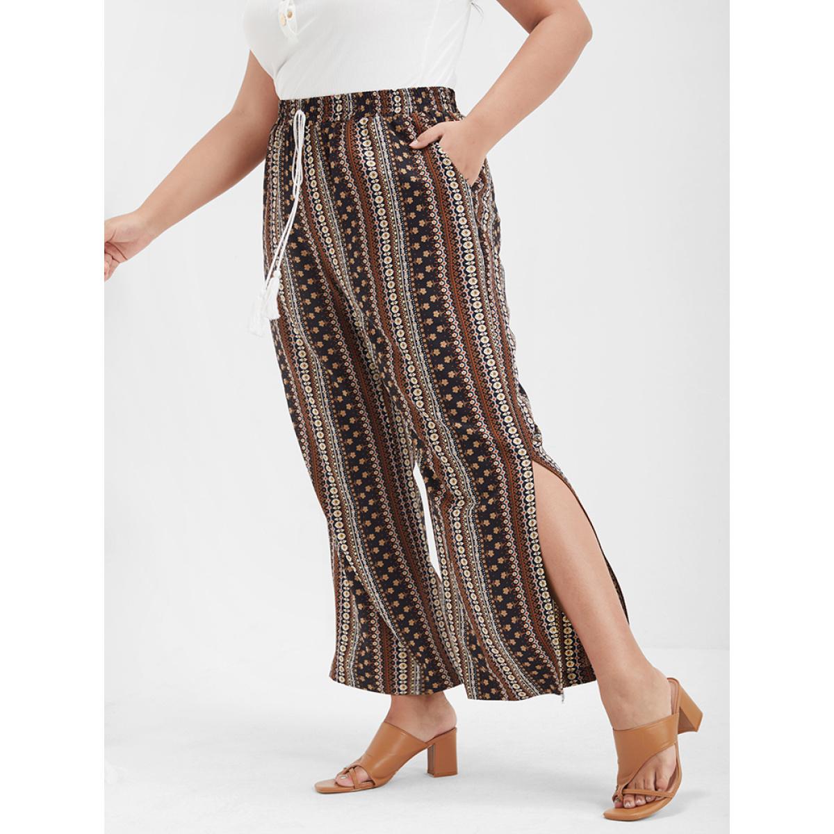 Plus Size Ditsy Floral Tassel Ties Front Pocket Split Pants Women Brown Vacation High Rise Dailywear Pants BloomChic 10/M Product Image