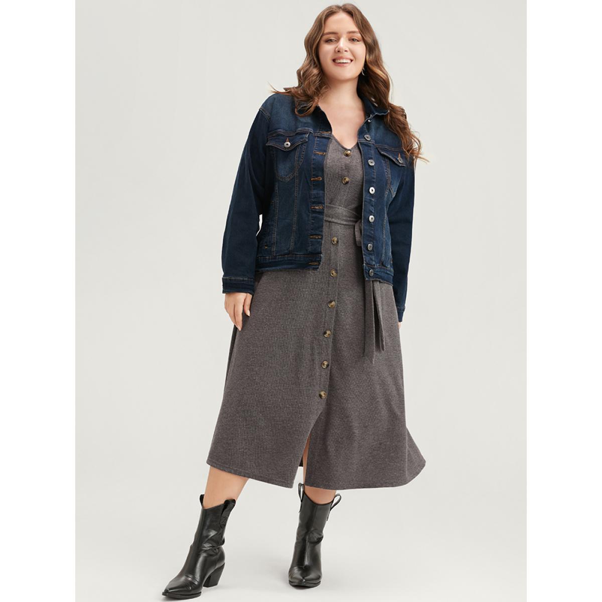 Plus Size Solid Pocket Button Up Belted Rib Knit Dress DarkGray Women Elegant Button V-neck Long Sleeve Curvy Midi Dress BloomChic 14-16/1X Product Image