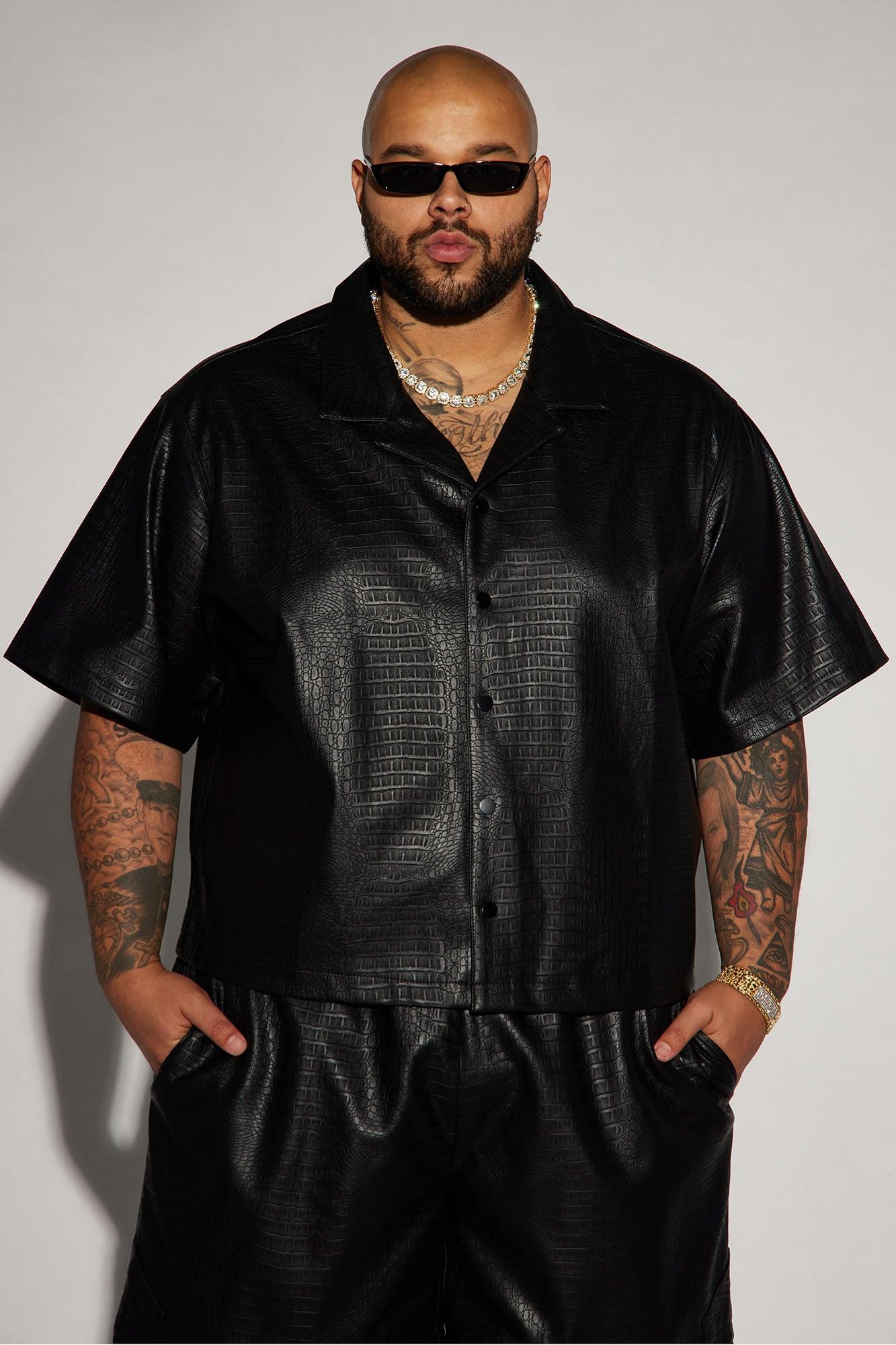 Gotta Run Faux Croc Leather Cropped Button Up Shirt - Black Product Image