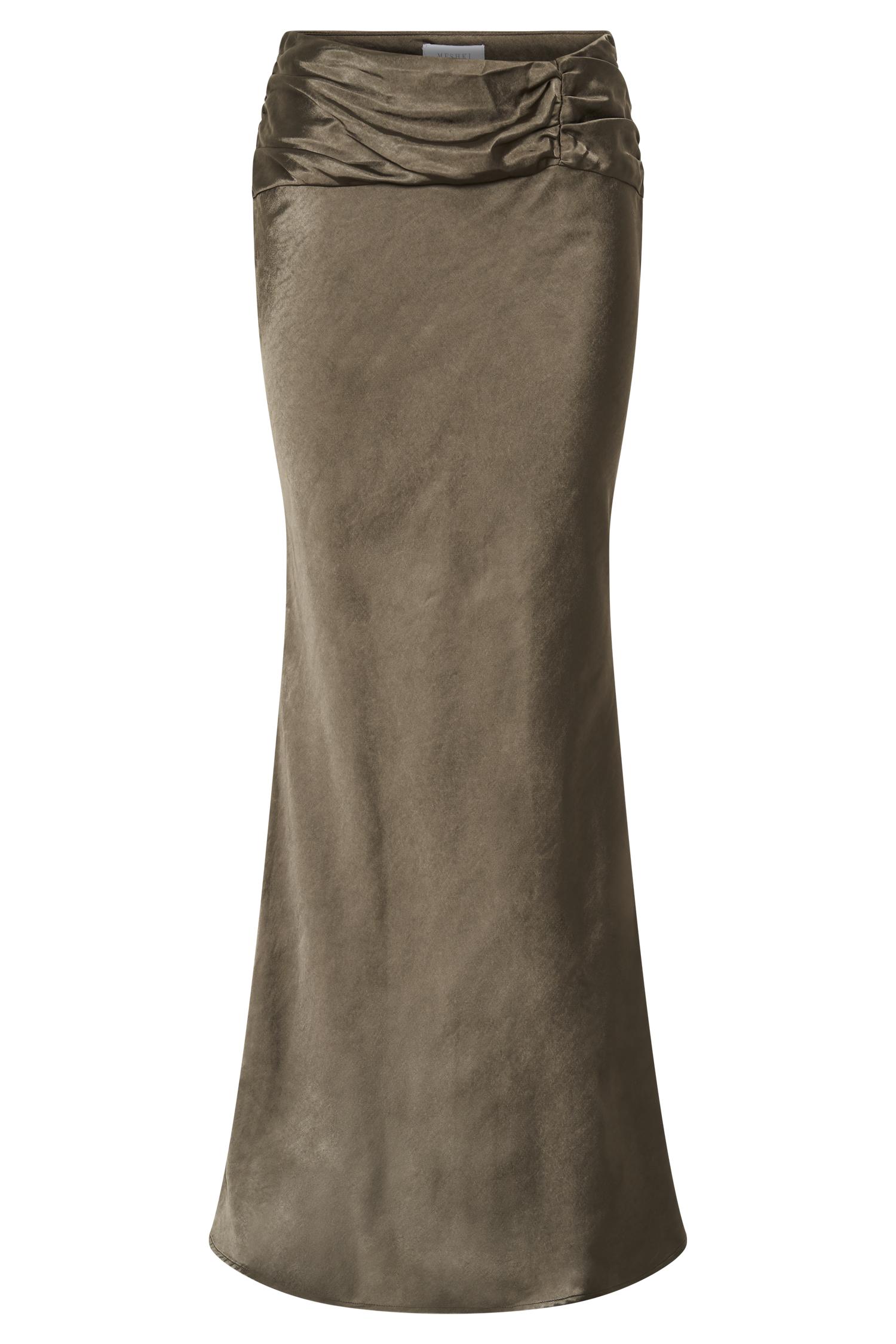 Khalani Ruched Satin Maxi Skirt - Khaki Product Image