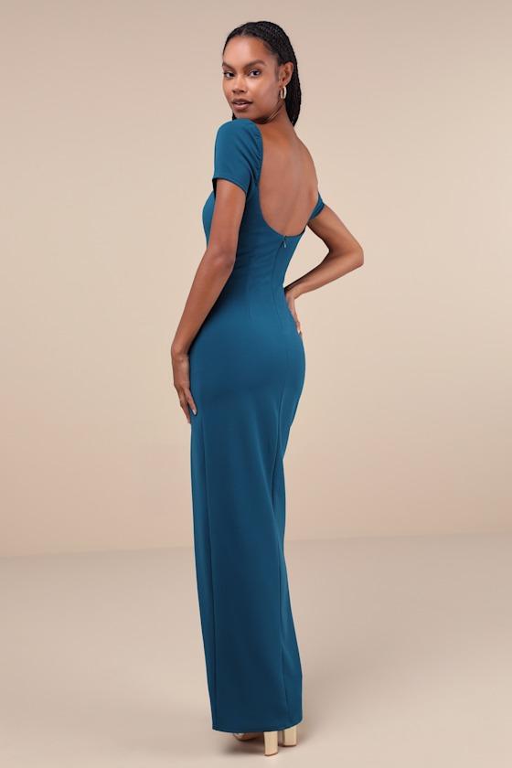 Magnificent Impression Teal Square Neck Short Sleeve Maxi Dress Product Image