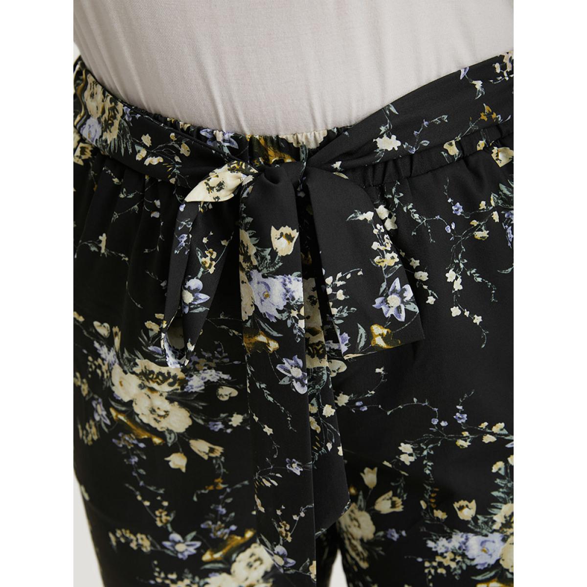 Plus Size Floral Print Pocket Belted Pants Women Multicolor Elegant High Rise Dailywear Pants BloomChic 10/M Product Image