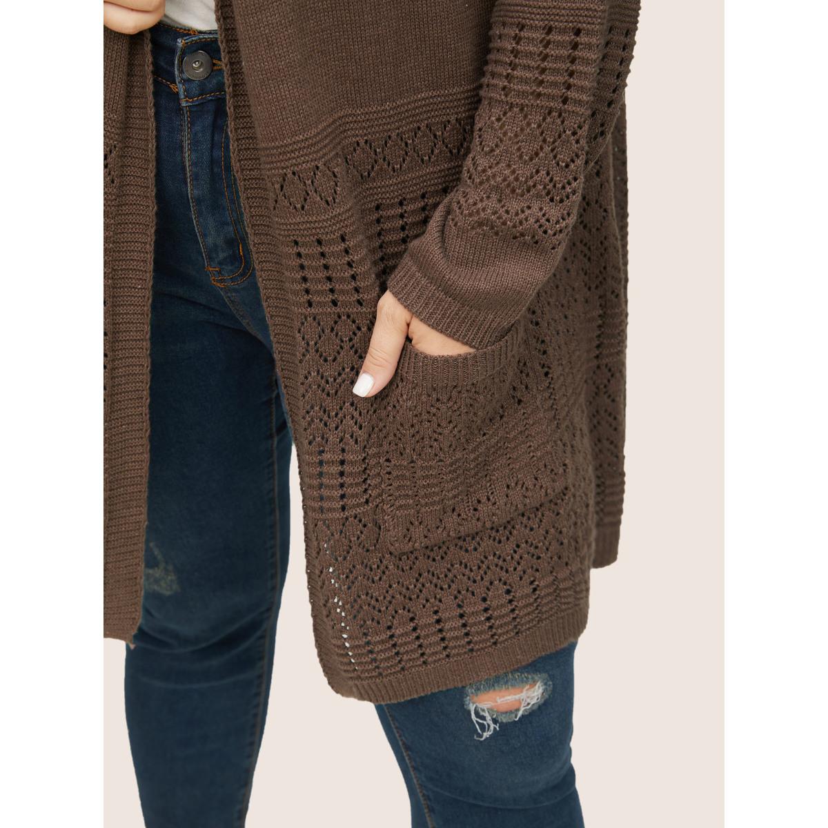 Plus Size Solid Geometric Hollow Out Pocket Cardigan DarkBrown Women Casual Long Sleeve Everyday Cardigans BloomChic 18-20/2X Product Image