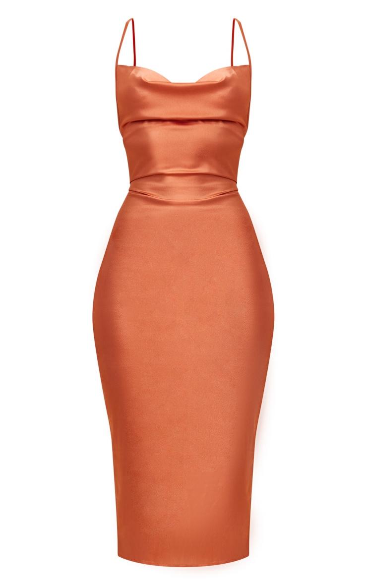 Rust Strappy Back Cowl Neck Satin Midi Dress Product Image