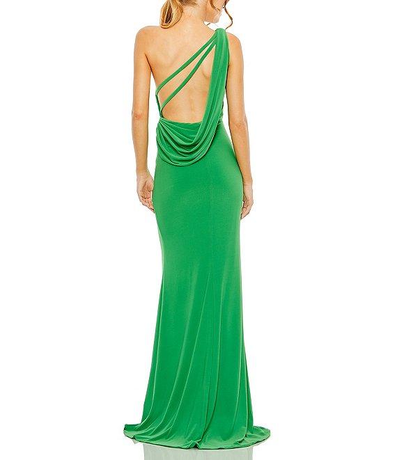 Mac Duggal Sleeveless One Shoulder Thigh High Slit Draped Back Detail Jersey Sheath Gown Product Image