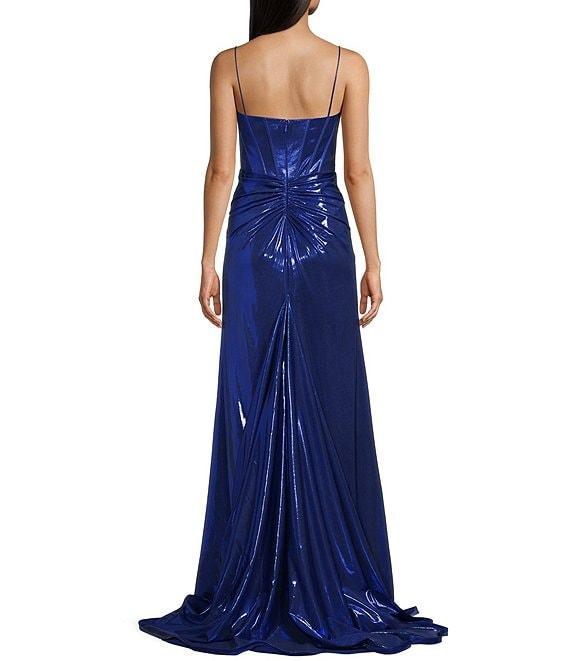 Jovani Metallic Sweetheart Neck Fitted Corset Beaded Bodice Side Slit Dress Product Image