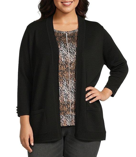 Leo & Nicole Plus Size 3/4 Sleeve Open-Front Sweater Cardigan Product Image