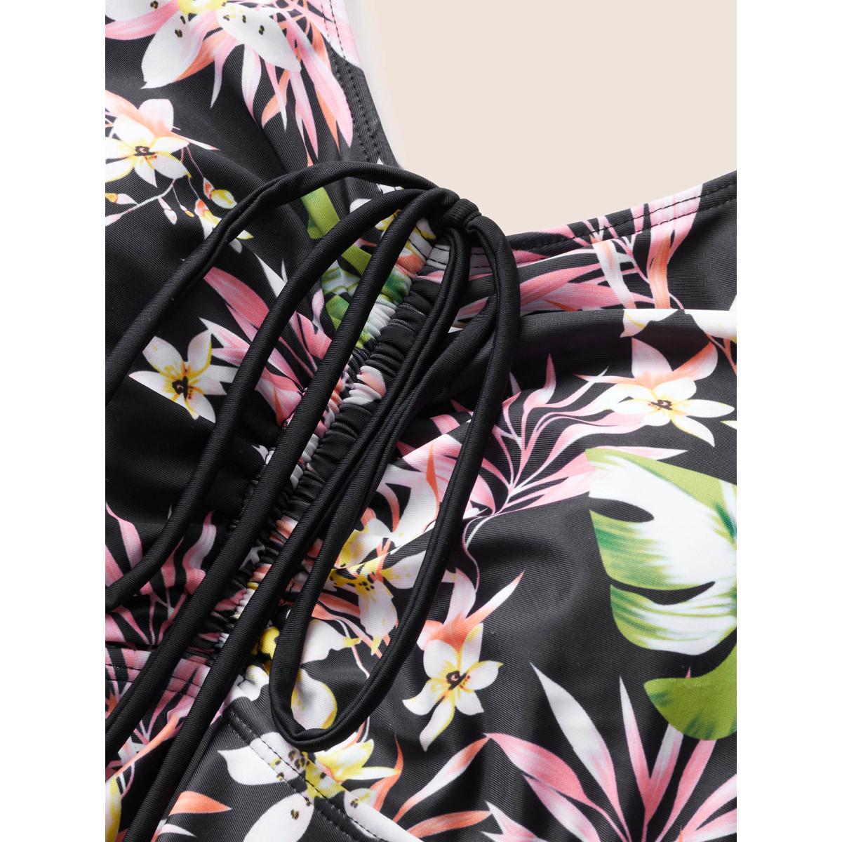 Plus Size Tropical Print Patchwork Drawstring Swim Dress Women's Swimwear Black Beach Bodycon U-neck High stretch Curve Swim Dresses BloomChic 10/M Product Image