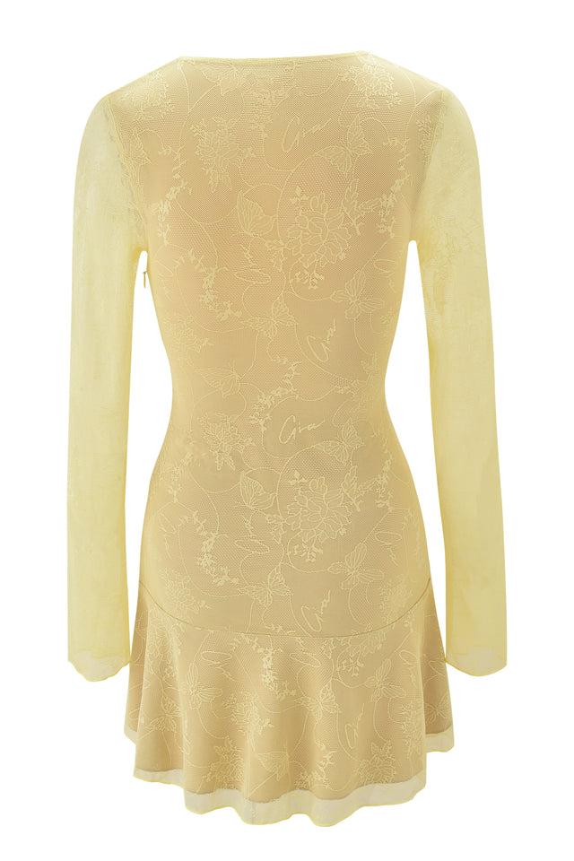 YVETTE LACE LONG SLEEVE RUCHED MINI DRESS - YELLOW Product Image