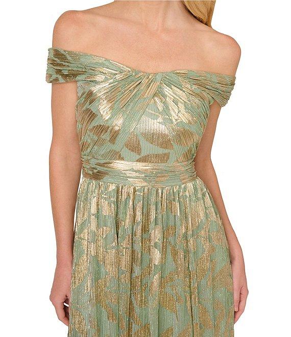 Adrianna Papell Foiled Knit Leaf Print Off-The-Shoulder Neck Sleeveless A-Line Gown Product Image