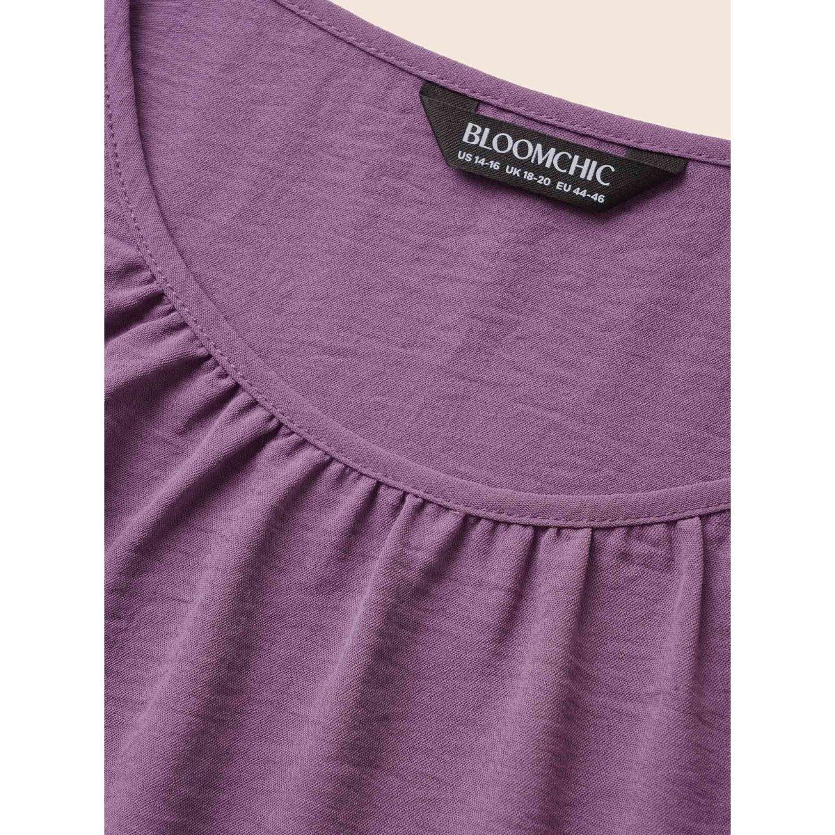 Plus Size Mauve Solid Gathered Flutter Trim Blouse Women Elegant Cap Sleeve Round Neck Dailywear Blouses BloomChic 10/M Product Image