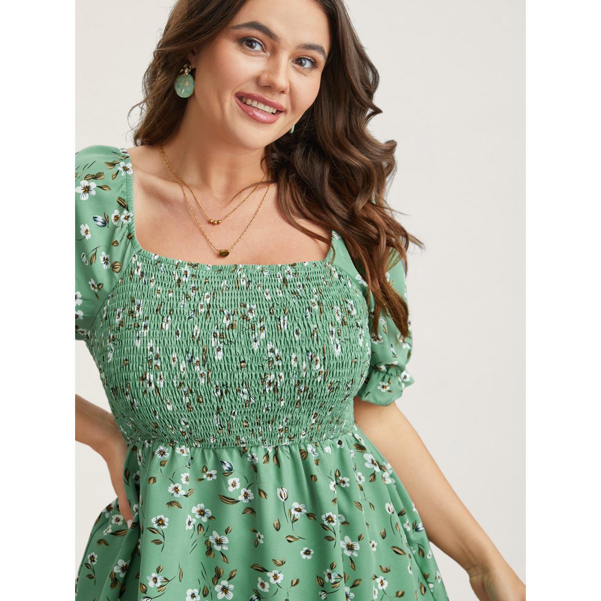 Plus Size Greenbean Floral Print Smocked Stretchy Waist Shirt Women Elegant Short sleeve Square Neck Everyday Blouses BloomChic 22-24/3X Product Image