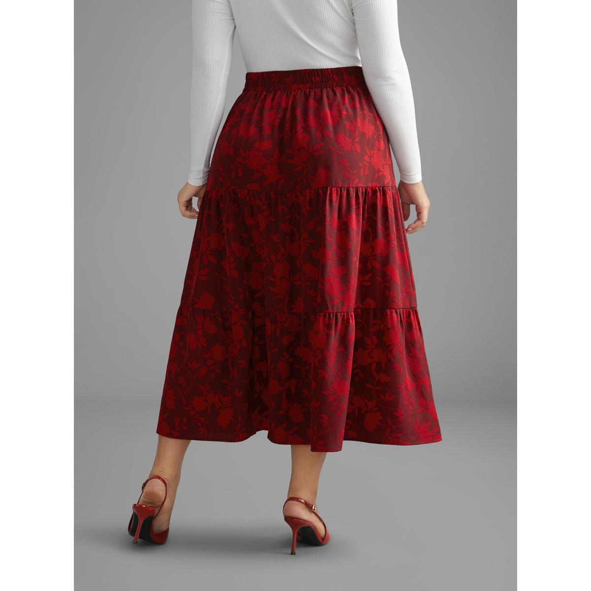 Plus Size Silhouette Floral Print Ruffle Layered Hem Skirt Women Deepred Elegant Loose Low stretch Side seam pocket Everyday Skirts BloomChic 18-20/2X Product Image