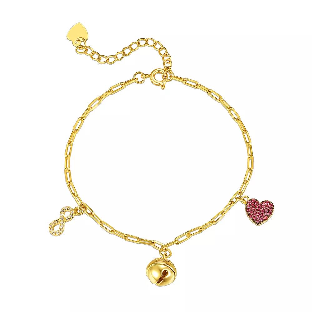 Kids 14k Gold Plated Cubic Zirconia Heart, Bell, and Infinity Dangle Charm Bracelet, Womens Red Product Image