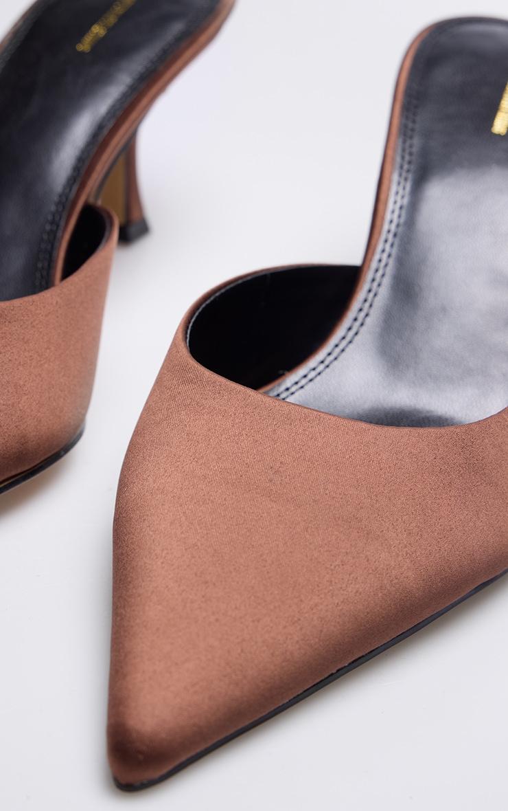 Chocolate Satin Point Toe Mid Stiletto Heeled Mules Product Image