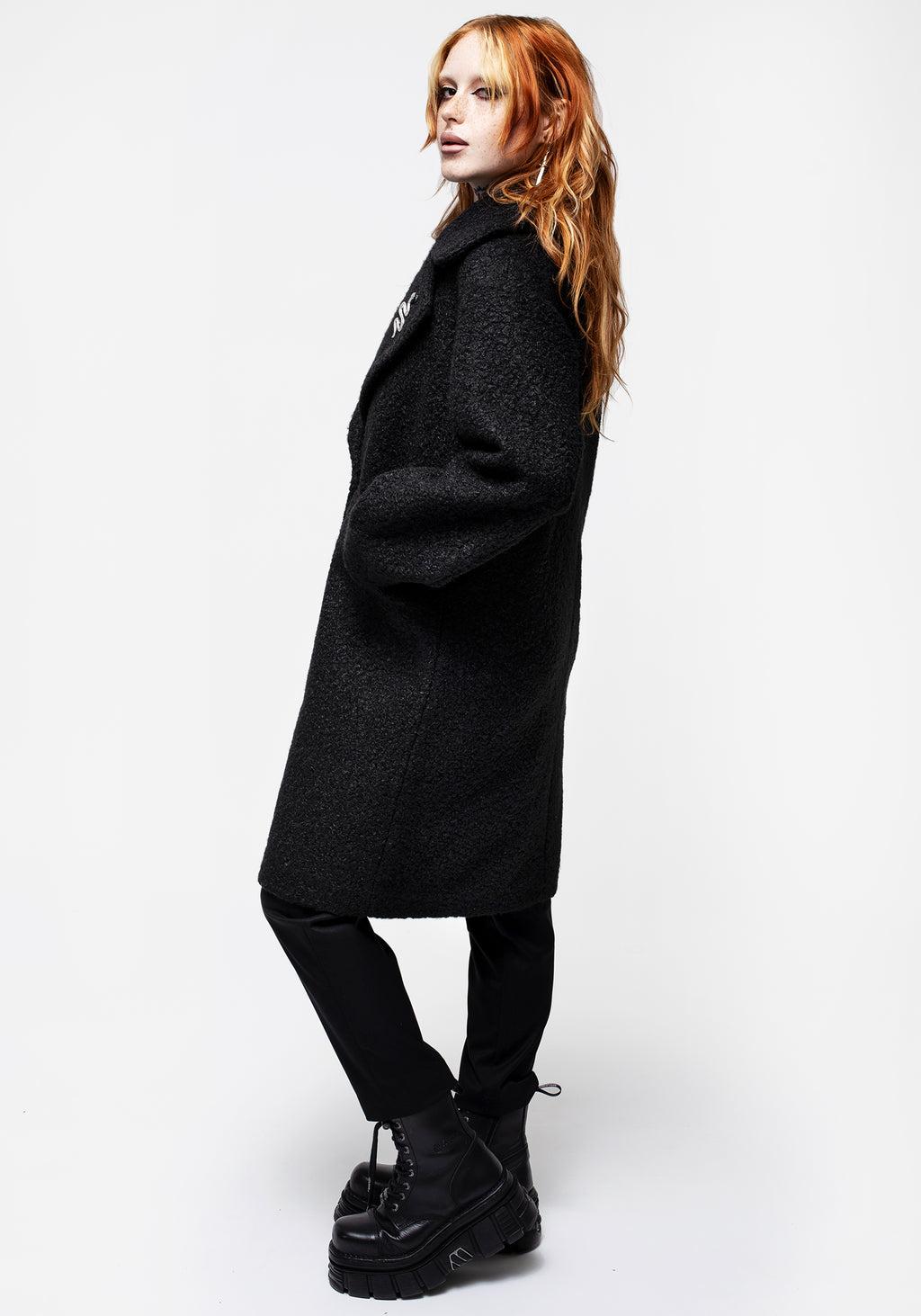 Gorgon Bouclé Oversized Coat with Snake Brooch - Black Product Image