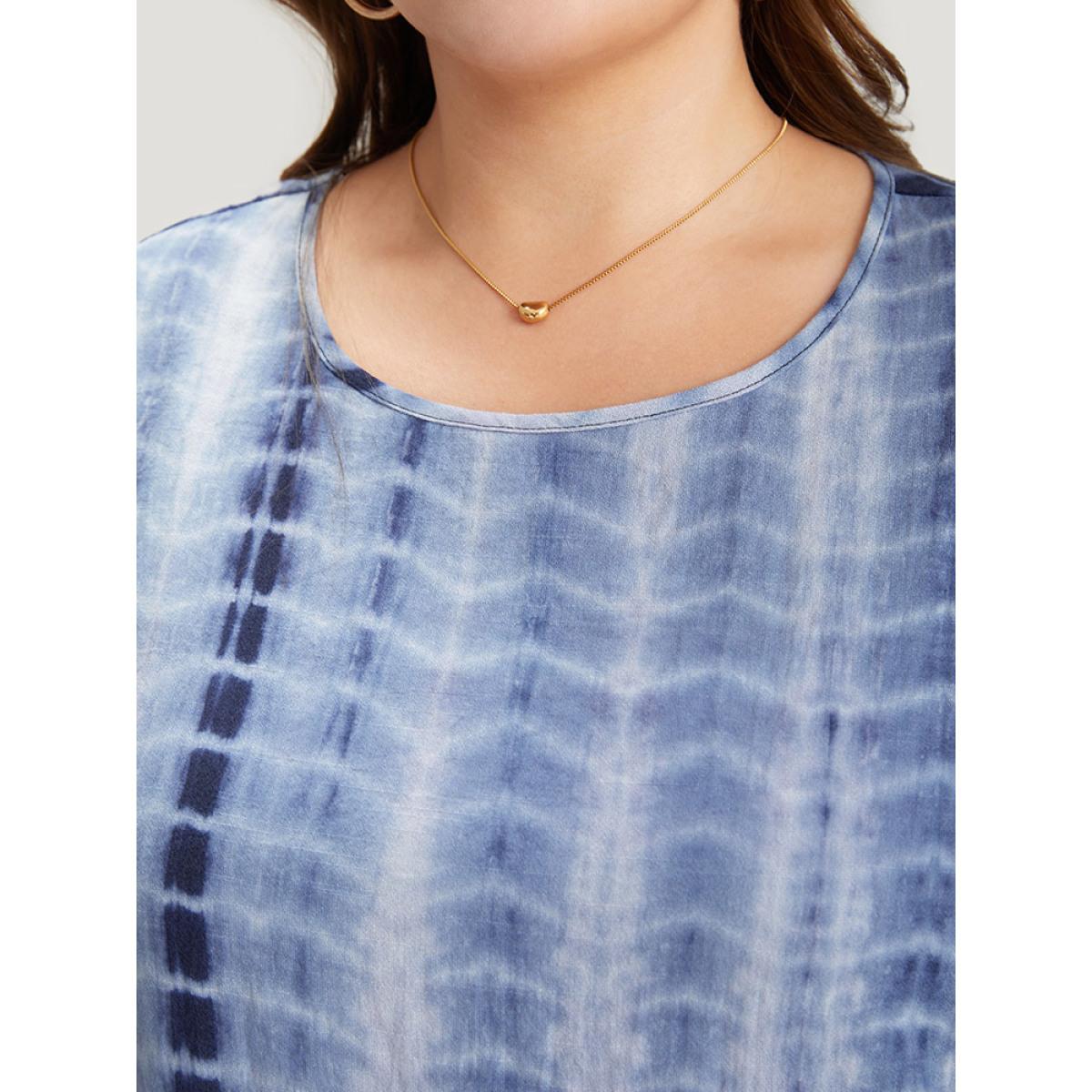 Plus Size Blue Tie Dye Ruffle Sleeve Crew Neck Blouse Women Vacation Short sleeve Round Neck Dailywear Blouses BloomChic 30/6X Product Image