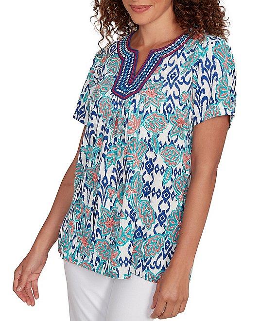Ruby Rd. Embroidered Knit Printed Split V-Neck Short Sleeve Top Product Image