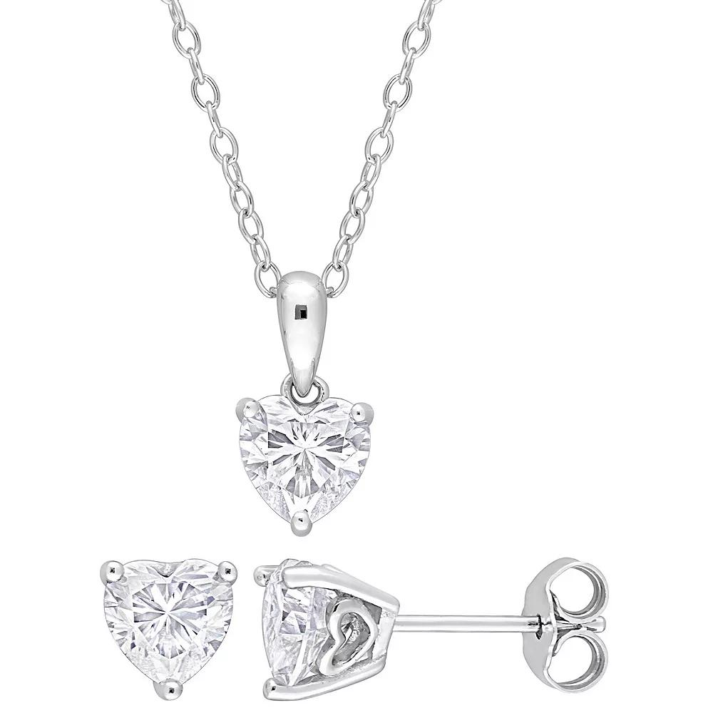 Stella Grace Sterling Silver Lab-Created Moissanite Heart Solitaire Earrings & Pendant Necklace Set, Women's, Size: 18" Product Image