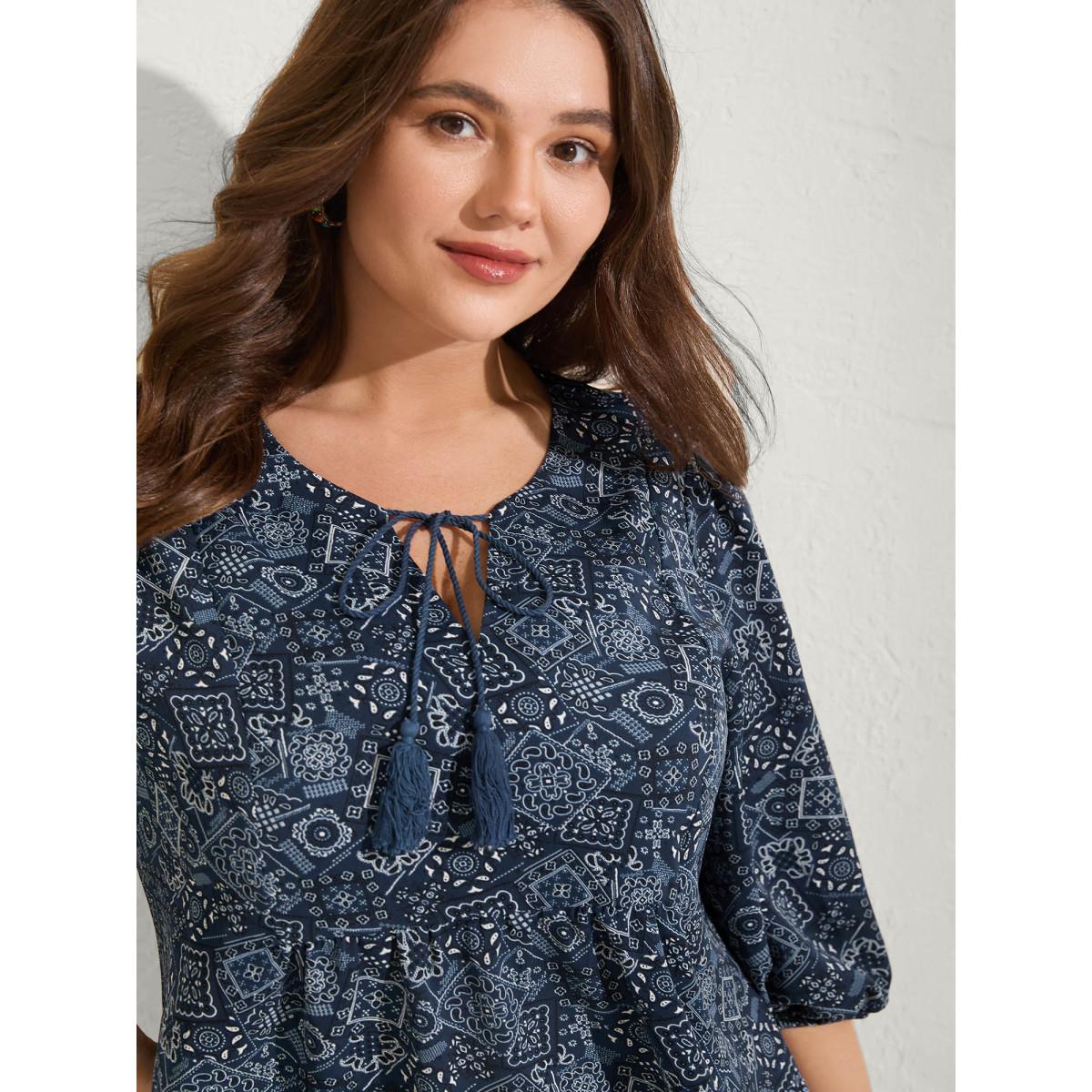 Plus Size Indigo Boho Print Neck Tie Lantern Sleeve Blouse Women Boho Elbow-length sleeve Notched collar Vacation Blouses BloomChic 30/6X Product Image