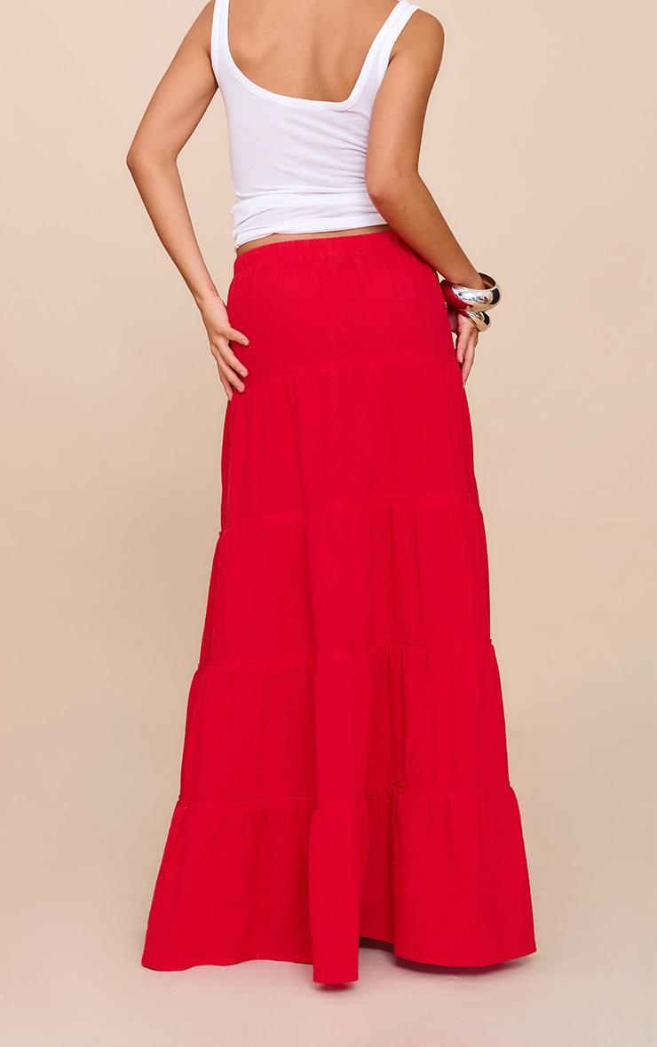 Tomato Red Cotton Tiered Drawstring Waist Maxi Skirt Product Image