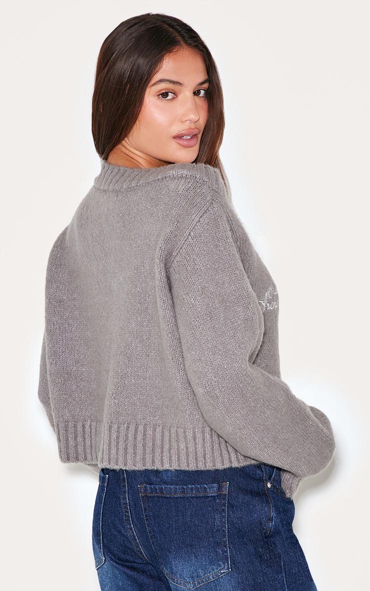  Grey Soft Knit Embroidered Slouchy Cropped Sweater Product Image
