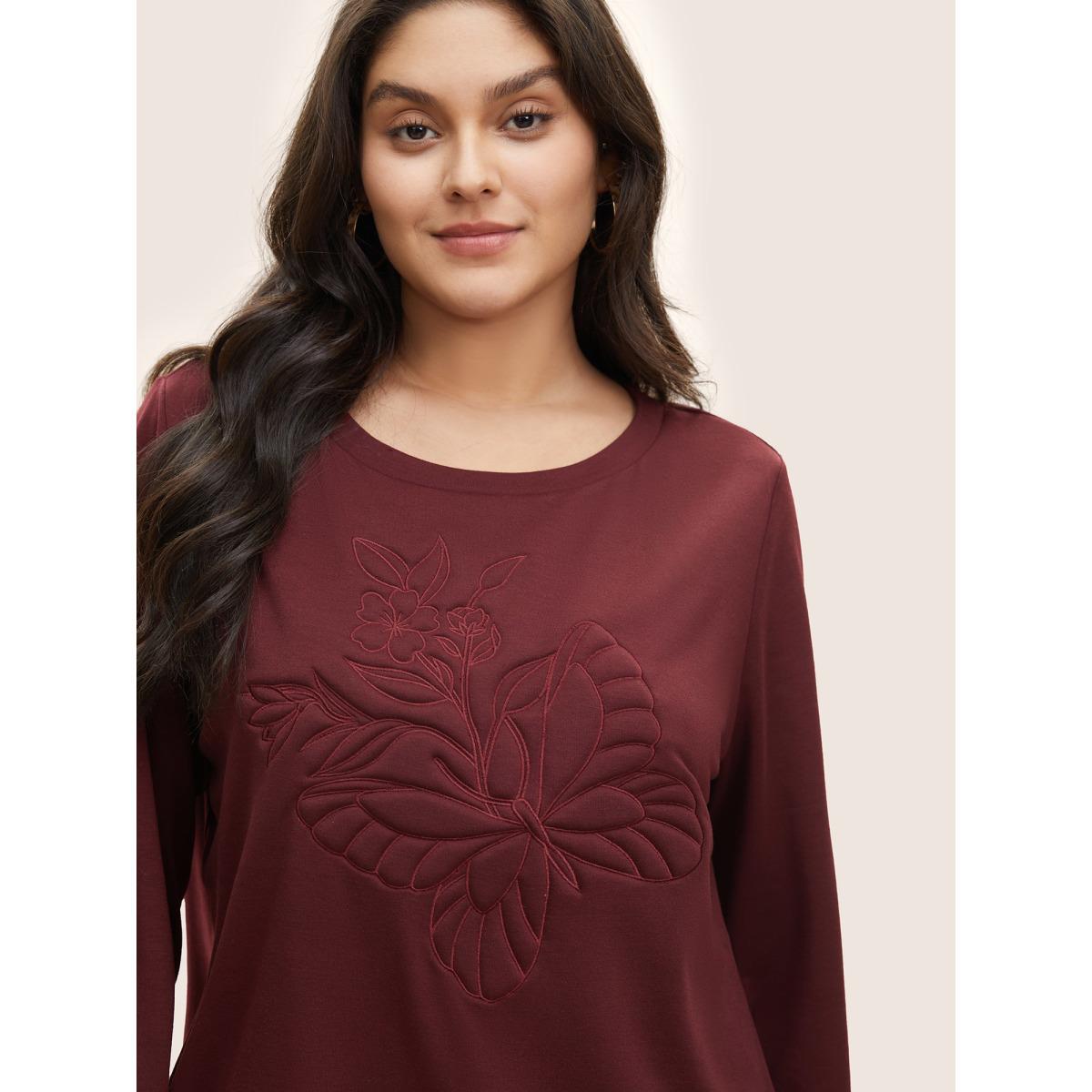 Plus Size Butterfly & Floral Embroidered Crew Neck Sweatshirt Women Burgundy Casual Non Round Neck Everyday Sweatshirts BloomChic 26/4X Product Image