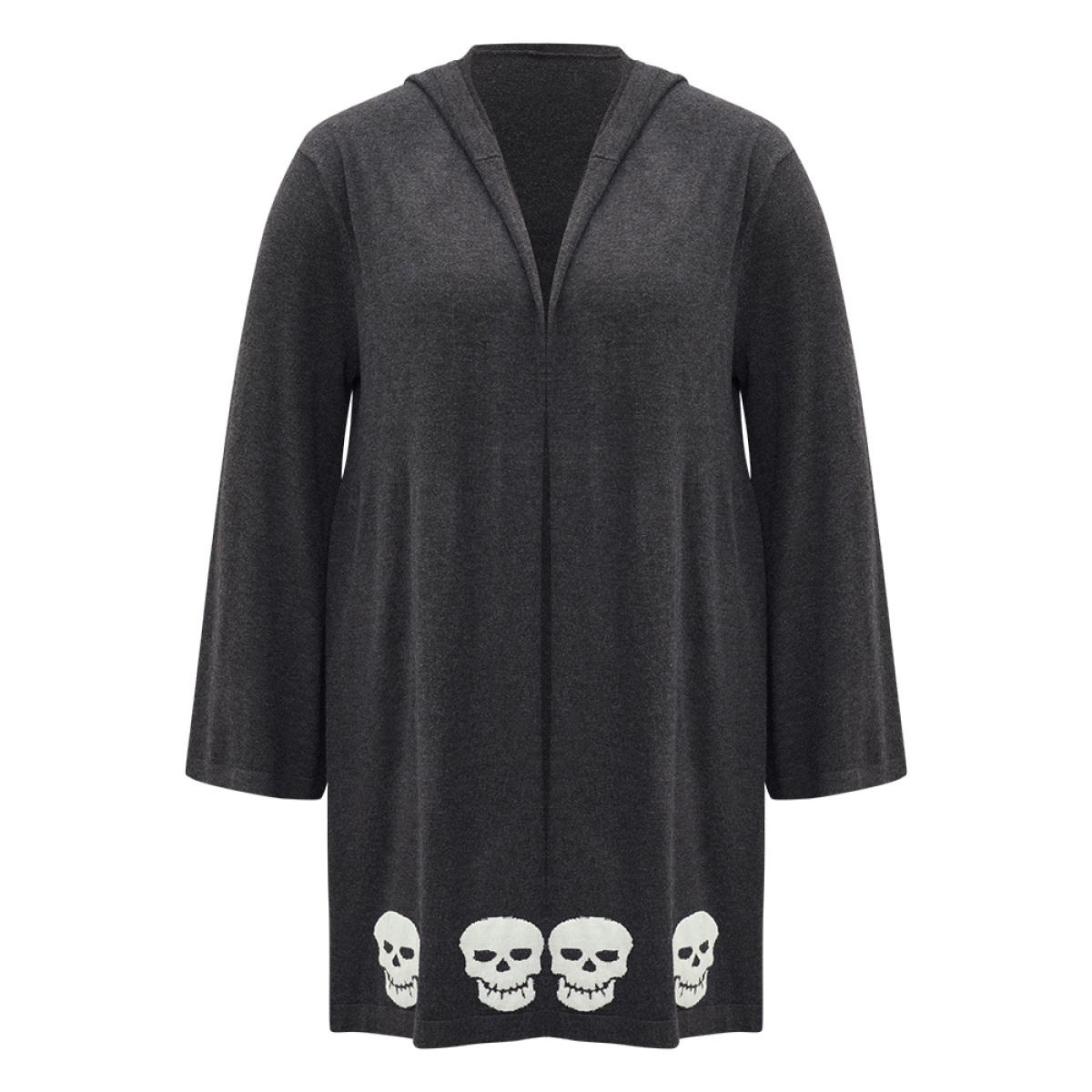 Plus Size Halloween Skull Print Hooded Split Open Front Cardigan Black Women Casual Loose Long Sleeve Festival-Halloween Cardigans BloomChic 22-24/3X Product Image