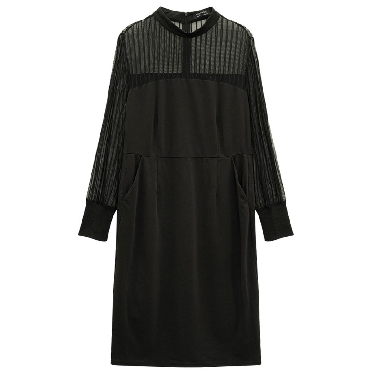 Plus Size Mock Neck Cut Out Patchwork Mesh Dress Black Women Office See through Mock Neck Long Sleeve Curvy Midi Dress BloomChic 26/4X Product Image